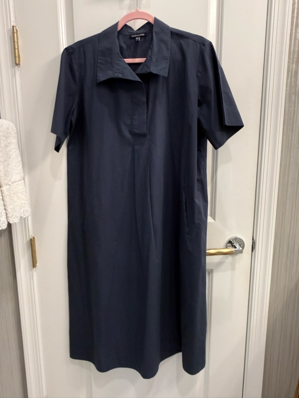 Eileen Fisher Navy Short-Sleeve Midi Shirt Dress